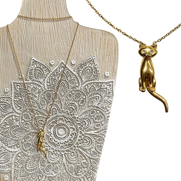 Vintage Retro Cat Gold Tone Necklace Articulated Movable Rhinestone 23-27” Adj - Picture 1 of 8